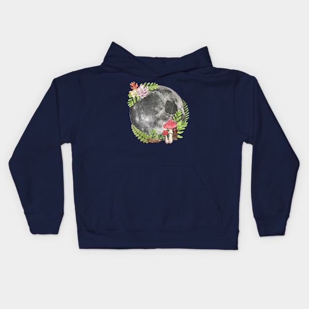 Mushrooms and Full Moon Spacecore Goblincore Cottagecore Kids Hoodie by Core Aesthetics